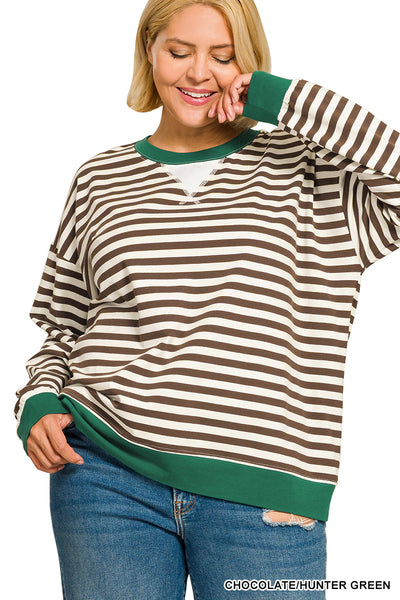 Striped Pullover-Chocolate/Hunter Green