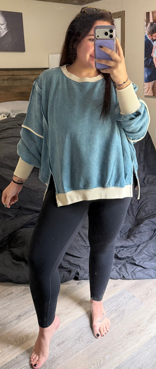 Acid Wash Balloon Sleeve Sweatshirt- Blue Gray