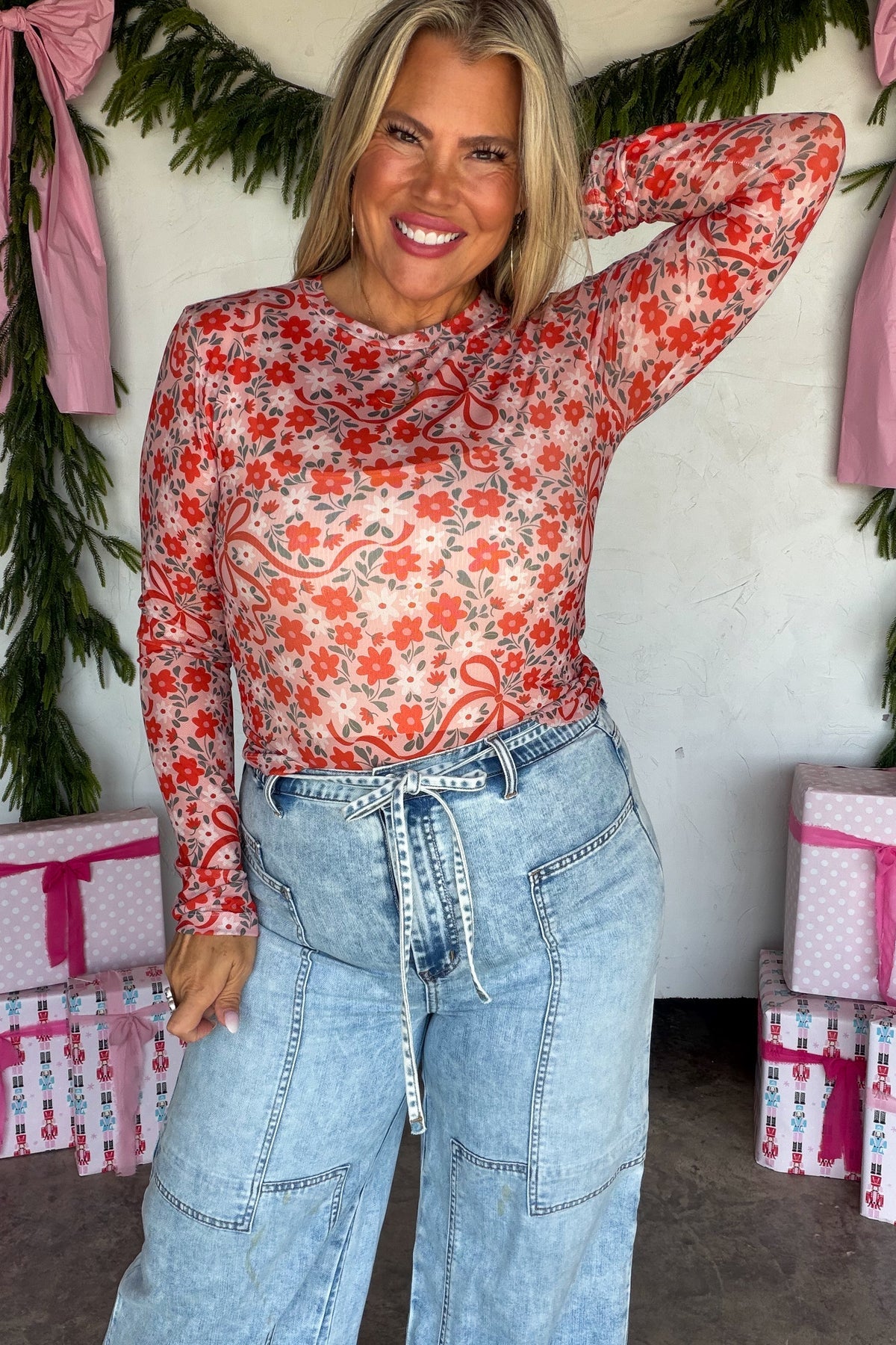 Red Bow Mesh Top