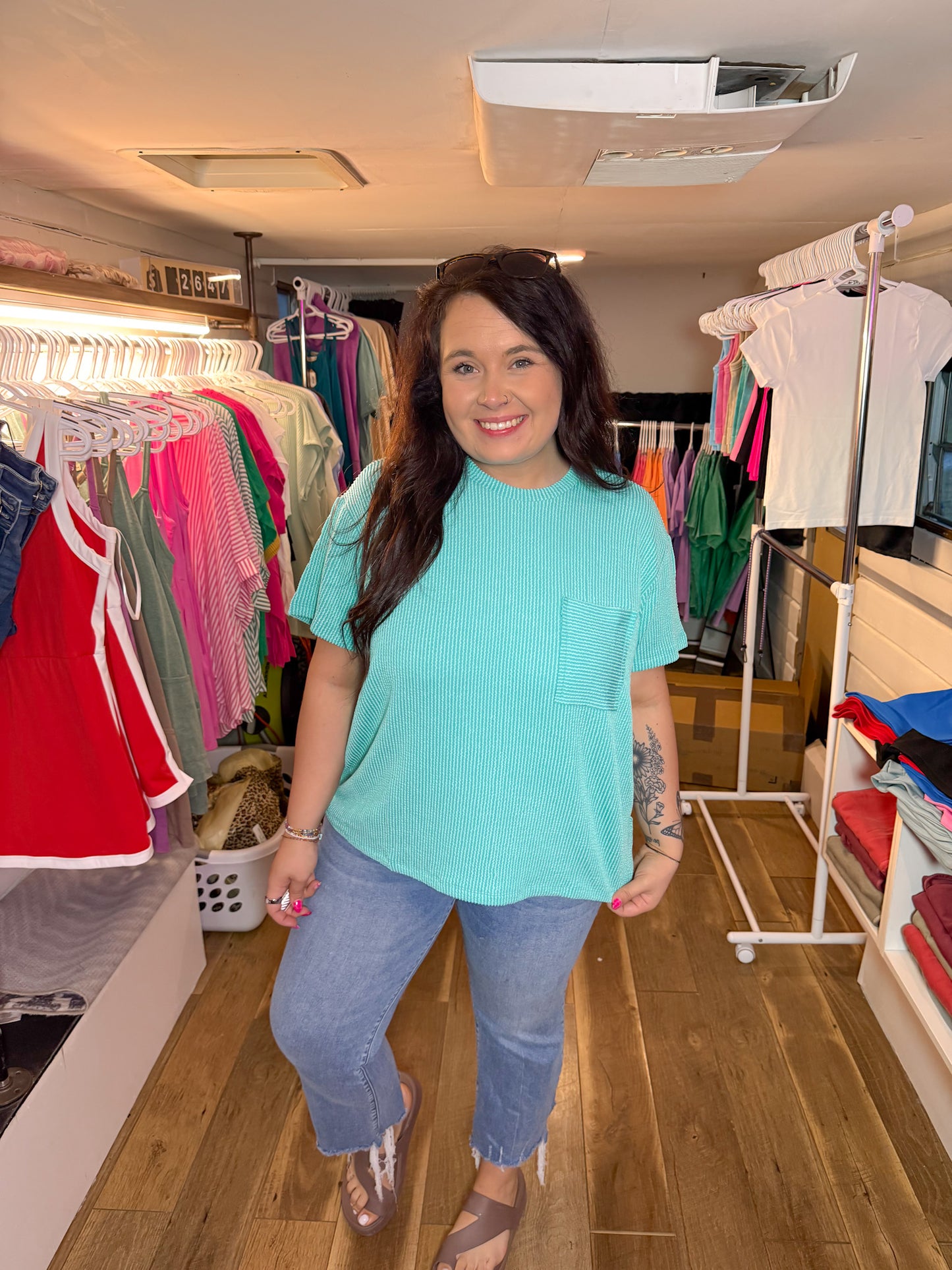 Ribbed Short Sleeve Tee-Turquoise