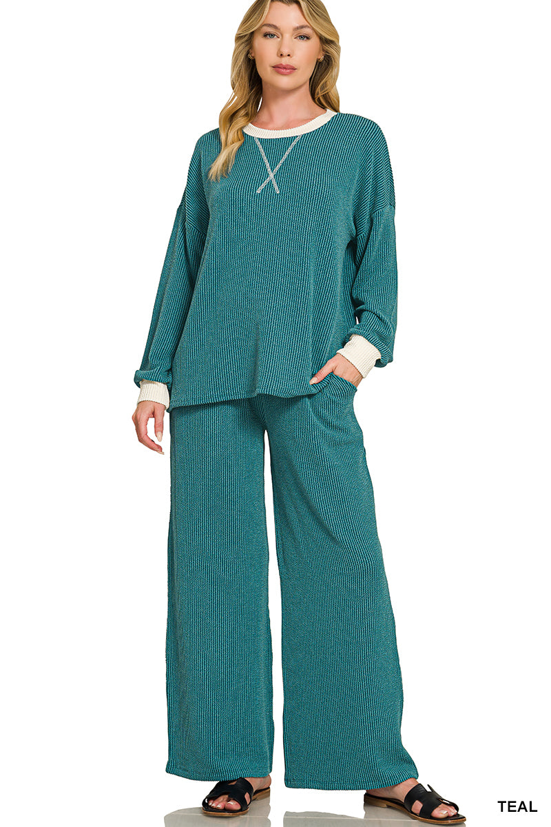 Raised Rib Pant Set- Teal