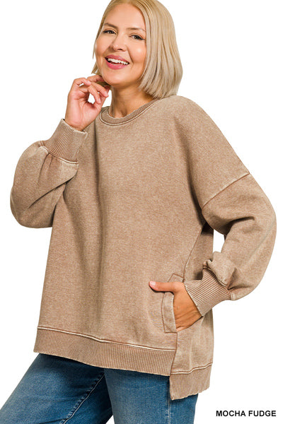 Acid Wash Pullover with pockets-mocha fudge