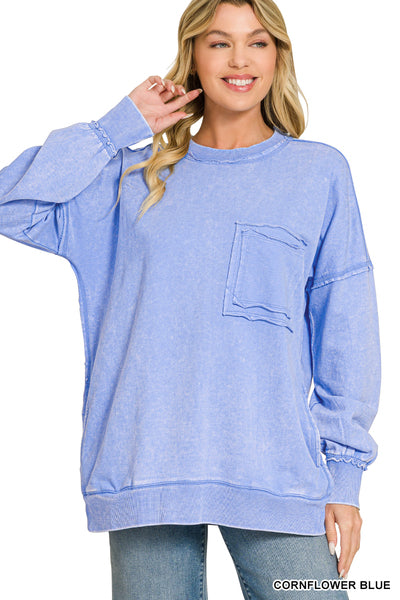 Acid Wash Pocket Sweatshirt-Cornflower Blue
