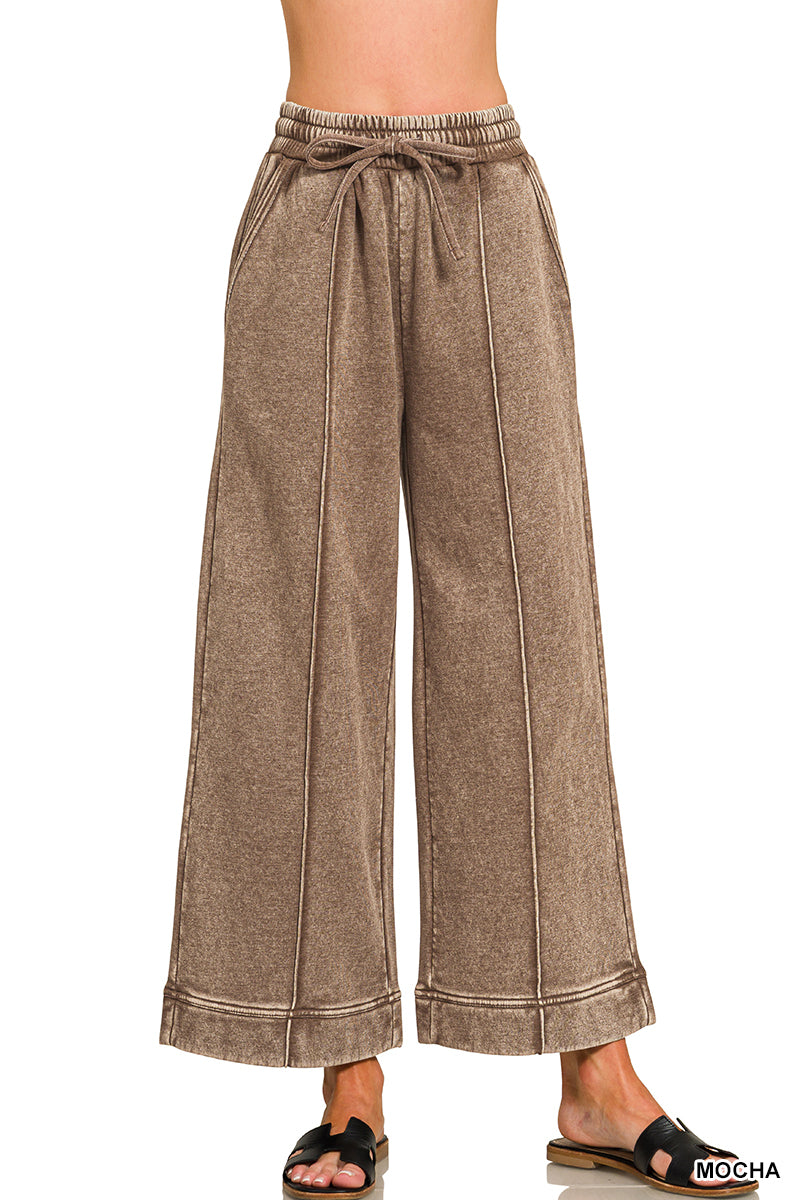 Fleece Pintuck Wide Leg Sweatpant-Mocha