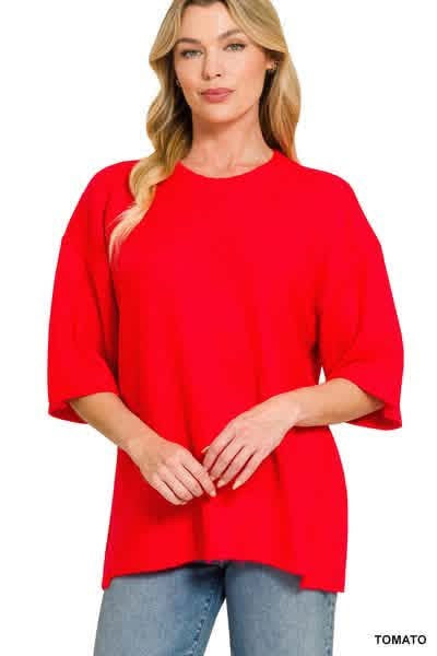Short Sleeve Oversized Sweater-Red