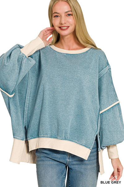Acid Wash Balloon Sleeve Sweatshirt- Blue Gray