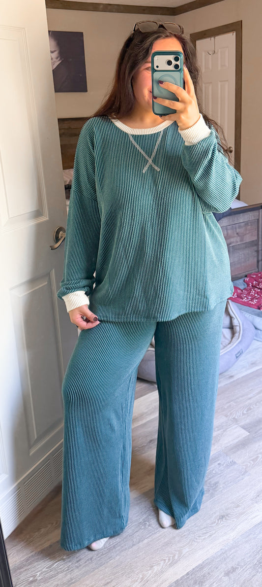 Raised Rib Pant Set- Teal