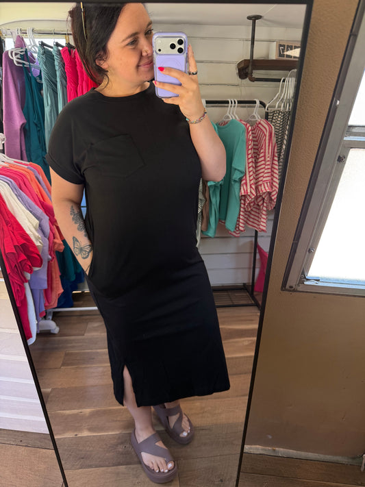 Midi Dress with Pockets-Black