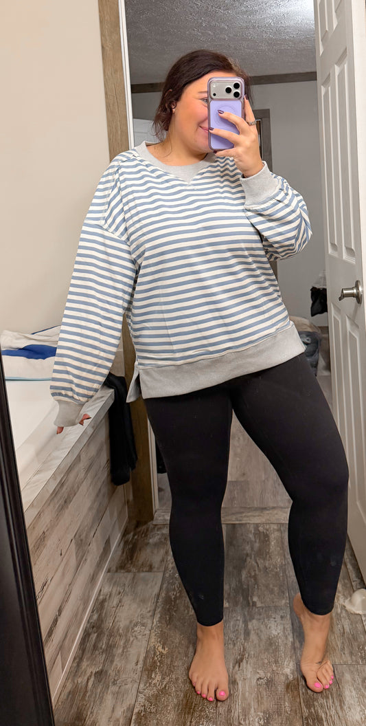 Oversized Striped Pullover-Denim Blue