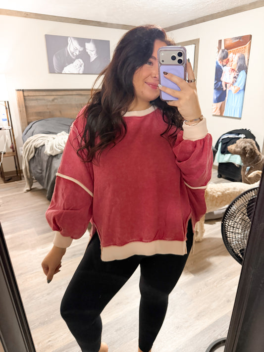 Acid Wash Balloon Sleeve Sweatshirt- Dark Red