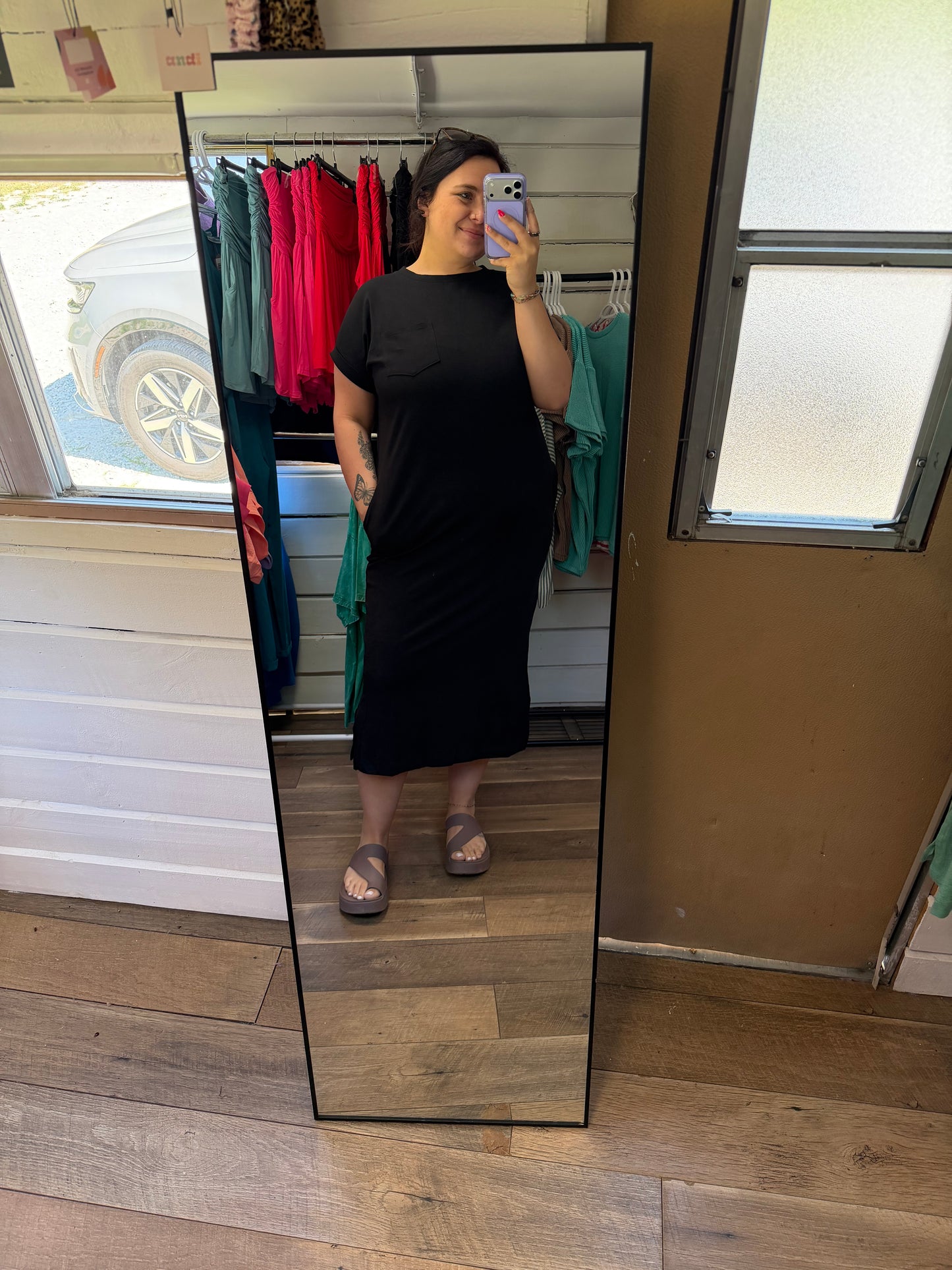 Midi Dress with Pockets-Black