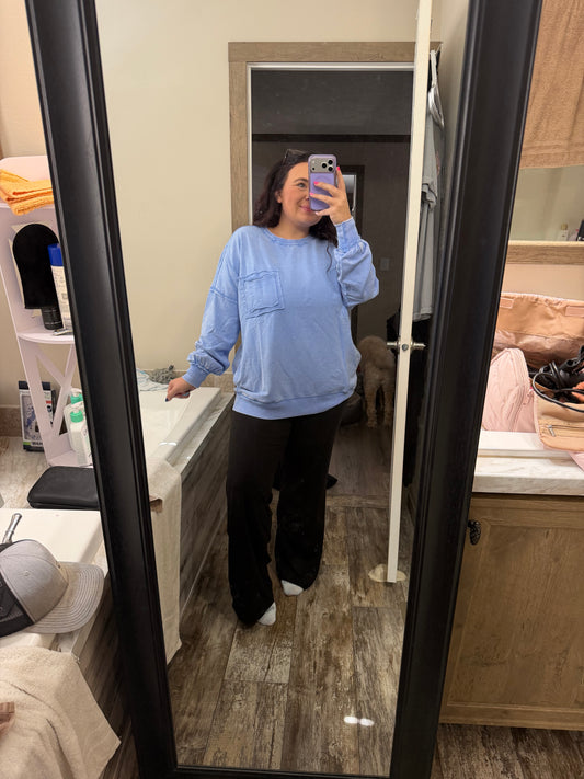 Acid Wash Pocket Sweatshirt-Cornflower Blue
