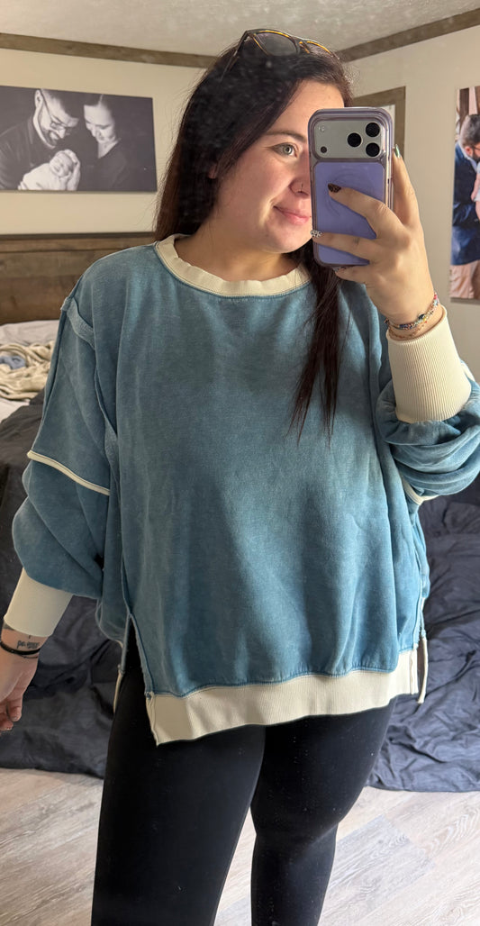 Acid Wash Balloon Sleeve Sweatshirt- Blue Gray