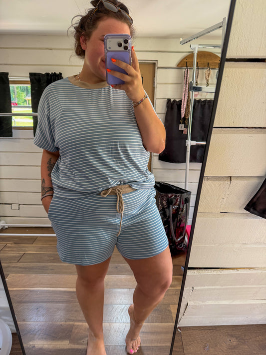 Relaxed Striped short set-Blue