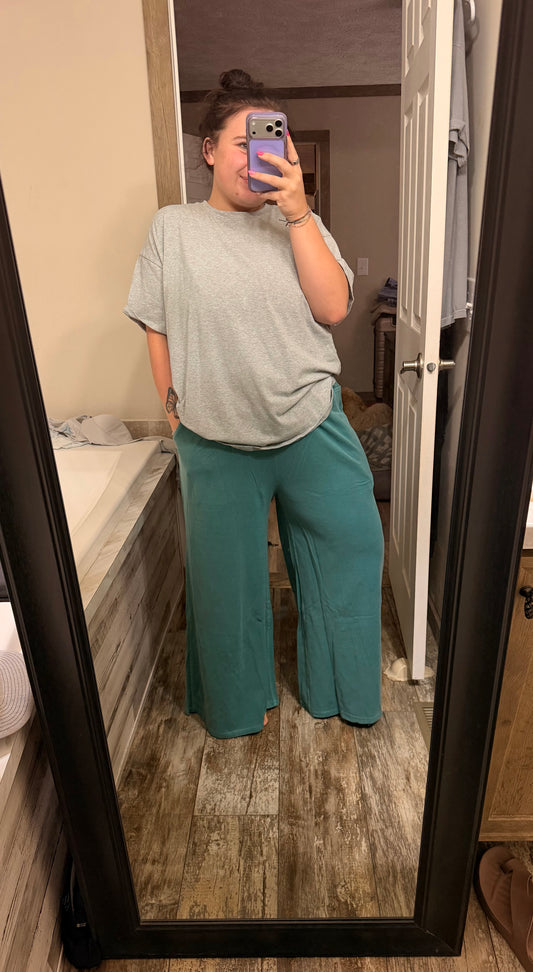 Wide Leg Terry Wash Pants-Teal