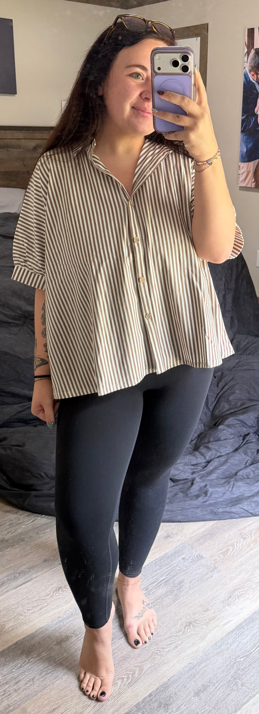 Oversized Striped Button Up-Mocha