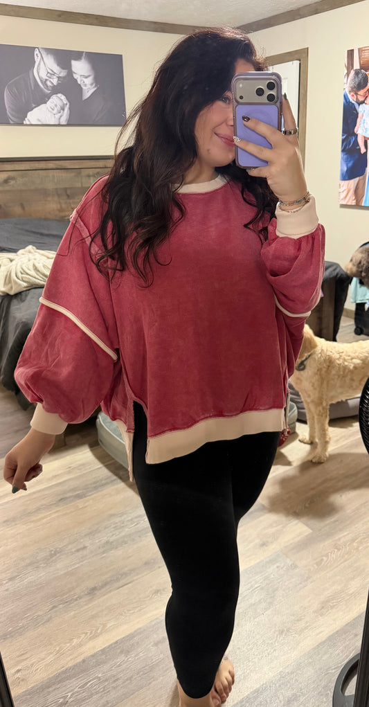 Acid Wash Balloon Sleeve Sweatshirt- Dark Red