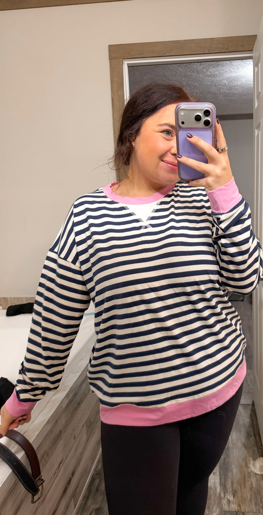 Striped Pullover-Navy/Pink
