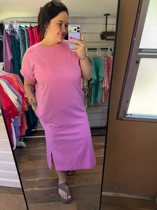 Midi Dress with Pockets-Candy Pink