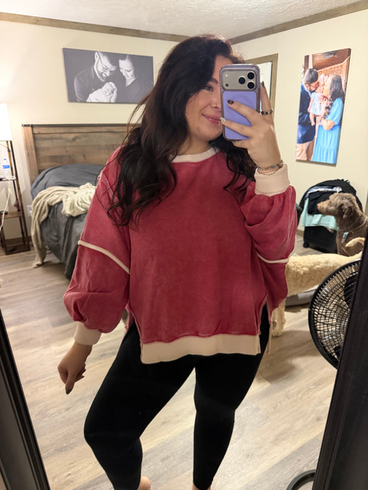 Acid Wash Balloon Sleeve Sweatshirt- Dark Red