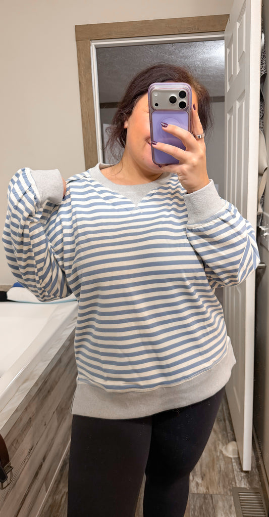 Oversized Striped Pullover-Denim Blue
