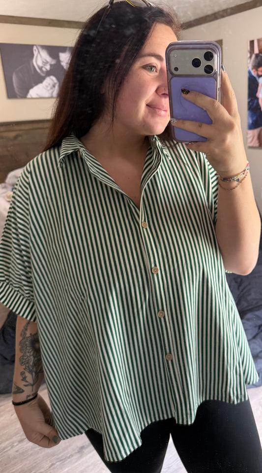 Oversized Striped Button Up- dark green