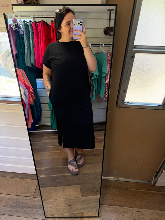 Midi Dress with Pockets-Black