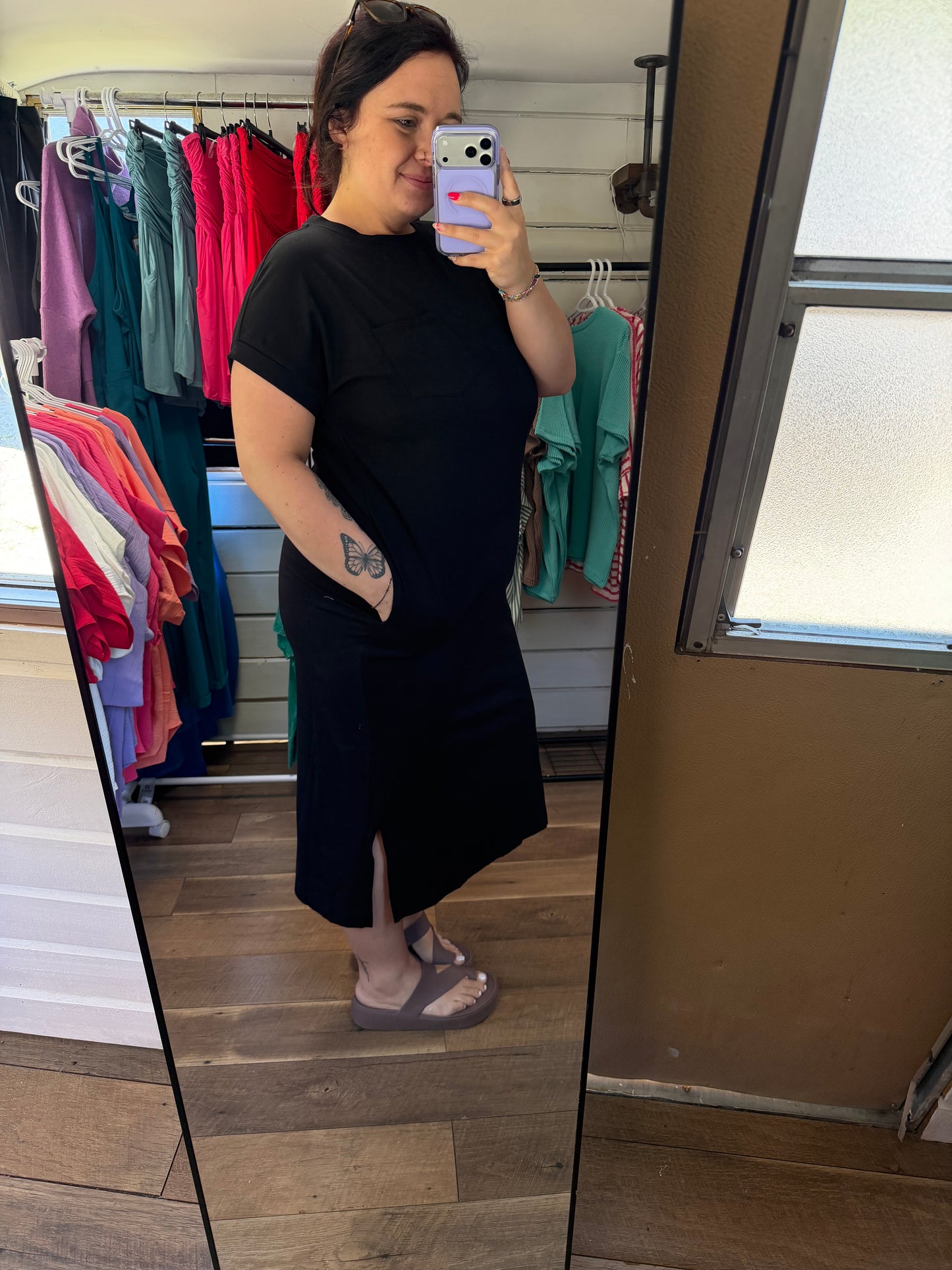 Midi Dress with Pockets-Black