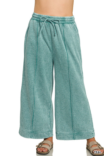 Fleece Pintuck Wide Leg Sweatpant-Teal