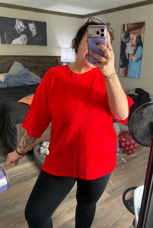 Short Sleeve Oversized Sweater-Red
