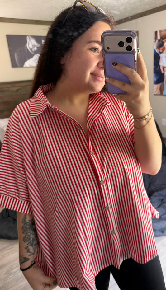 Oversized Striped Button Up- Ruby
