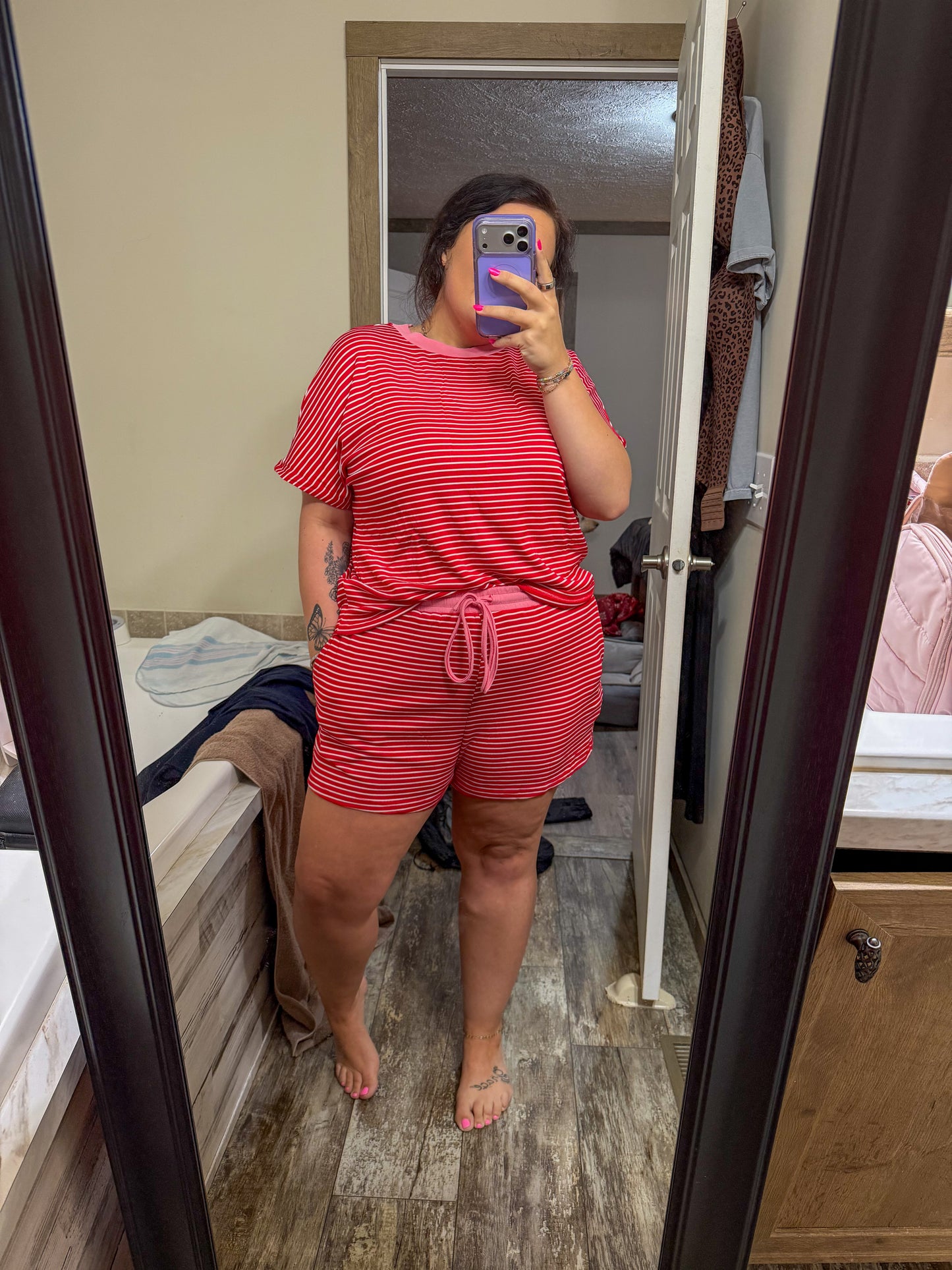 Relaxed Striped short set-red/pink