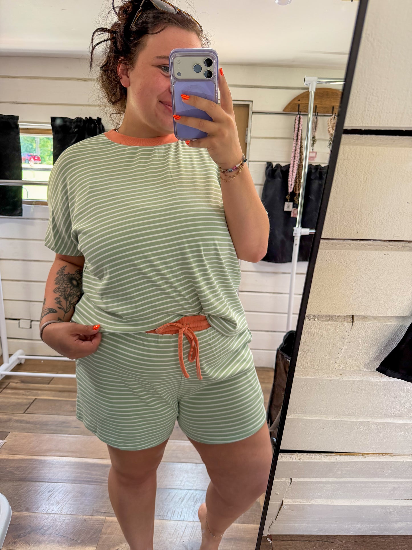 Relaxed Striped short set-Pistachio