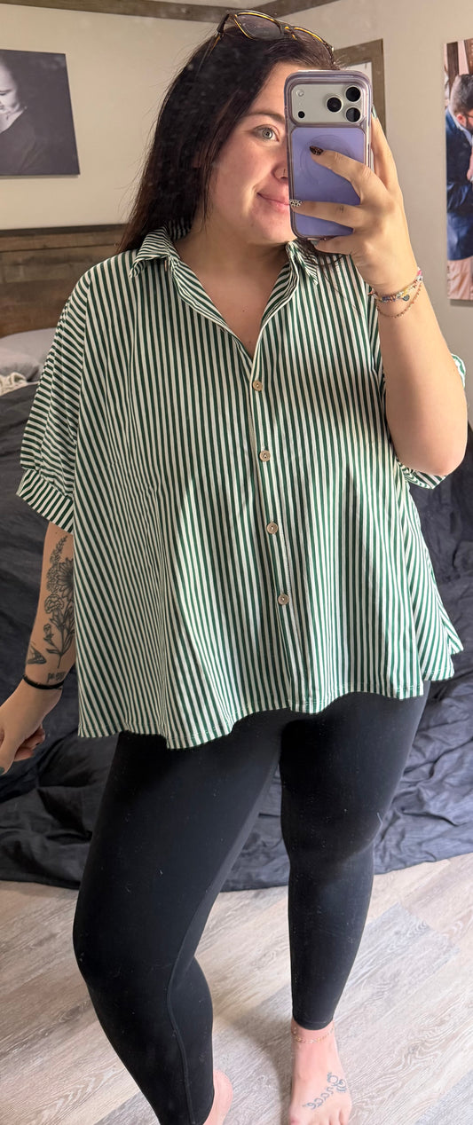 Oversized Striped Button Up- dark green