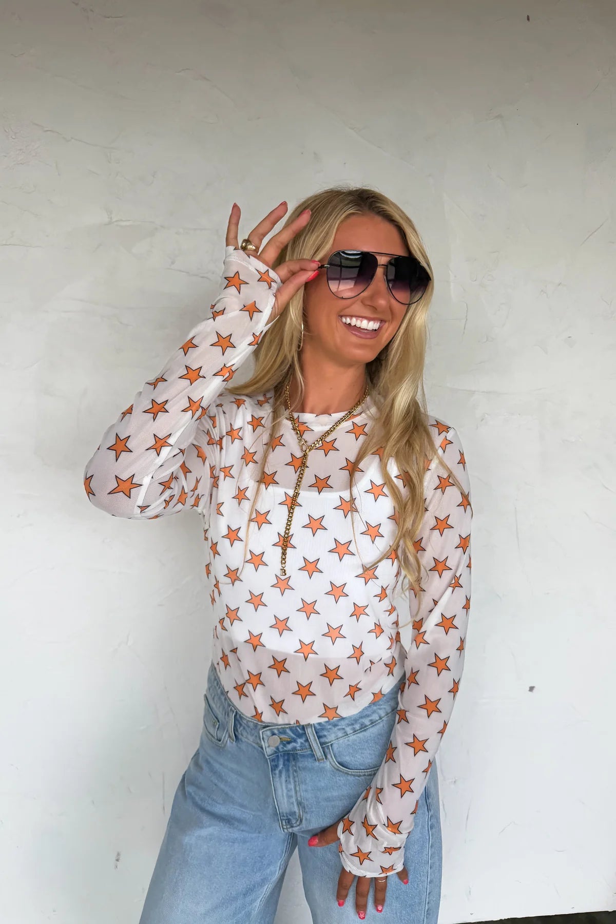 White/Orange Star Mesh Long Sleeve