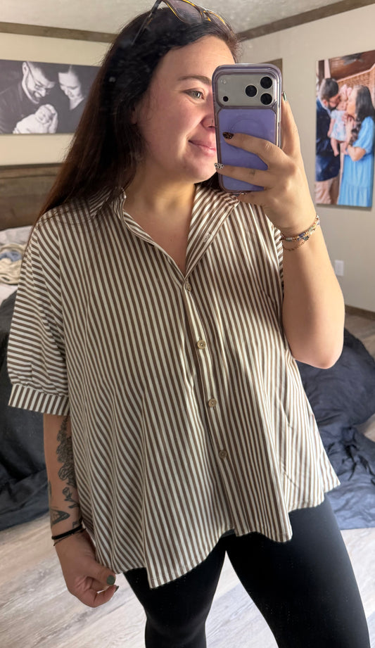 Oversized Striped Button Up-Mocha