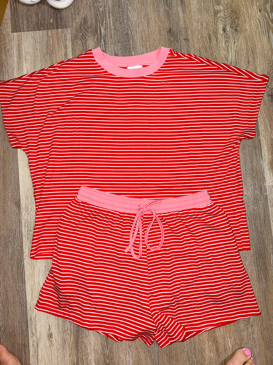 Relaxed Striped short set-red/pink