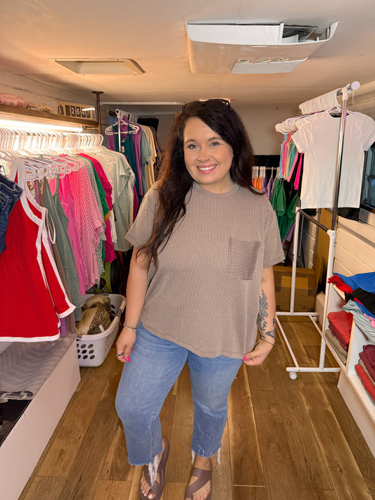 Ribbed Short Sleeve Tee-Mocha