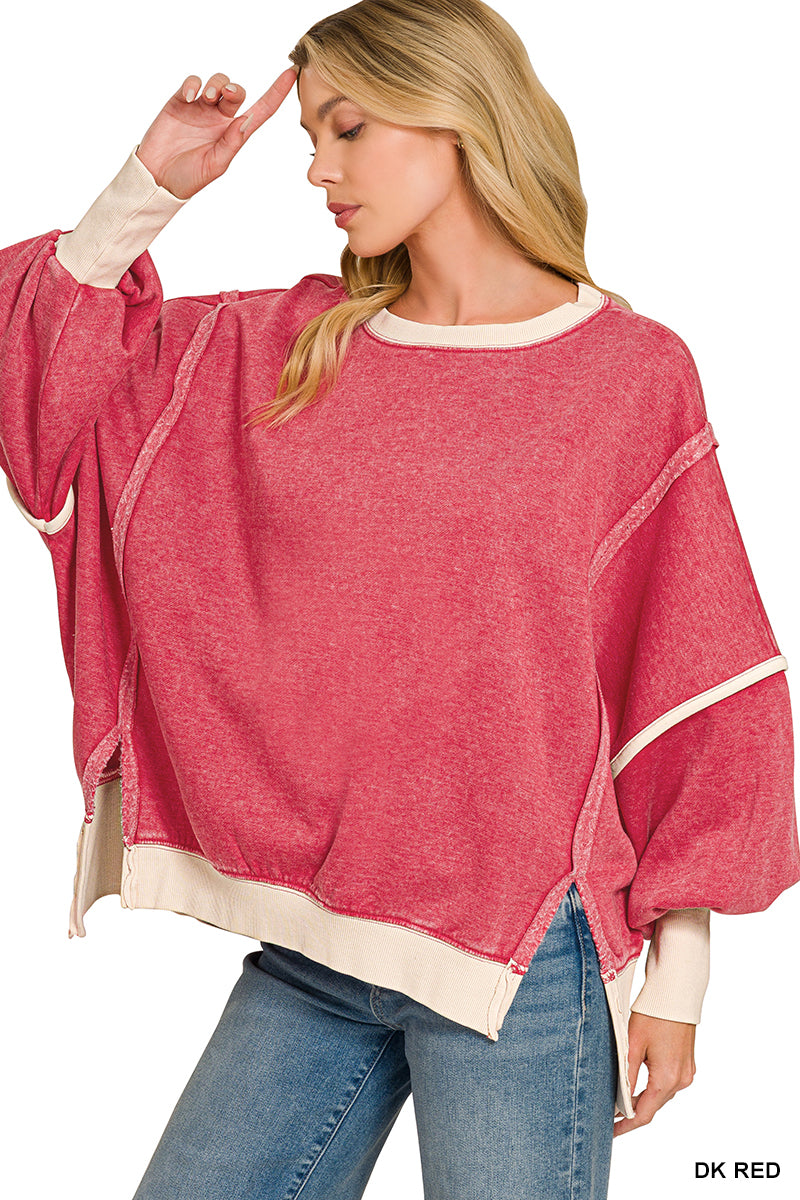 Acid Wash Balloon Sleeve Sweatshirt- Dark Red