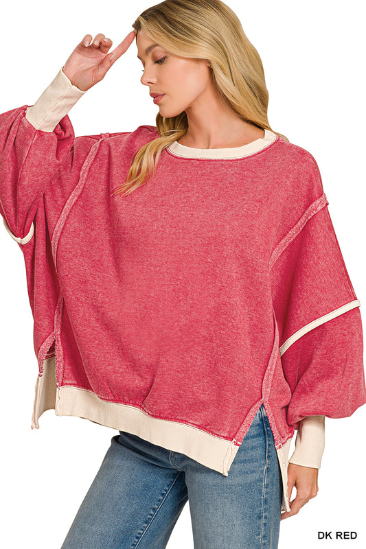 Acid Wash Balloon Sleeve Sweatshirt- Dark Red