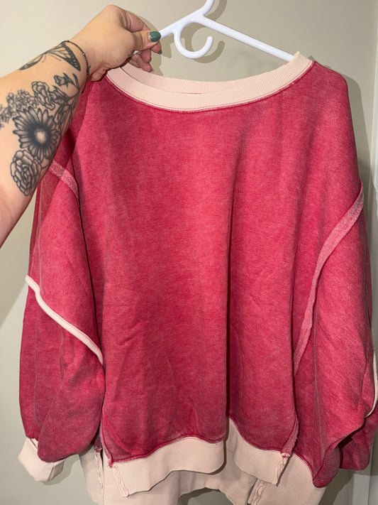 Acid Wash Balloon Sleeve Sweatshirt- Dark Red