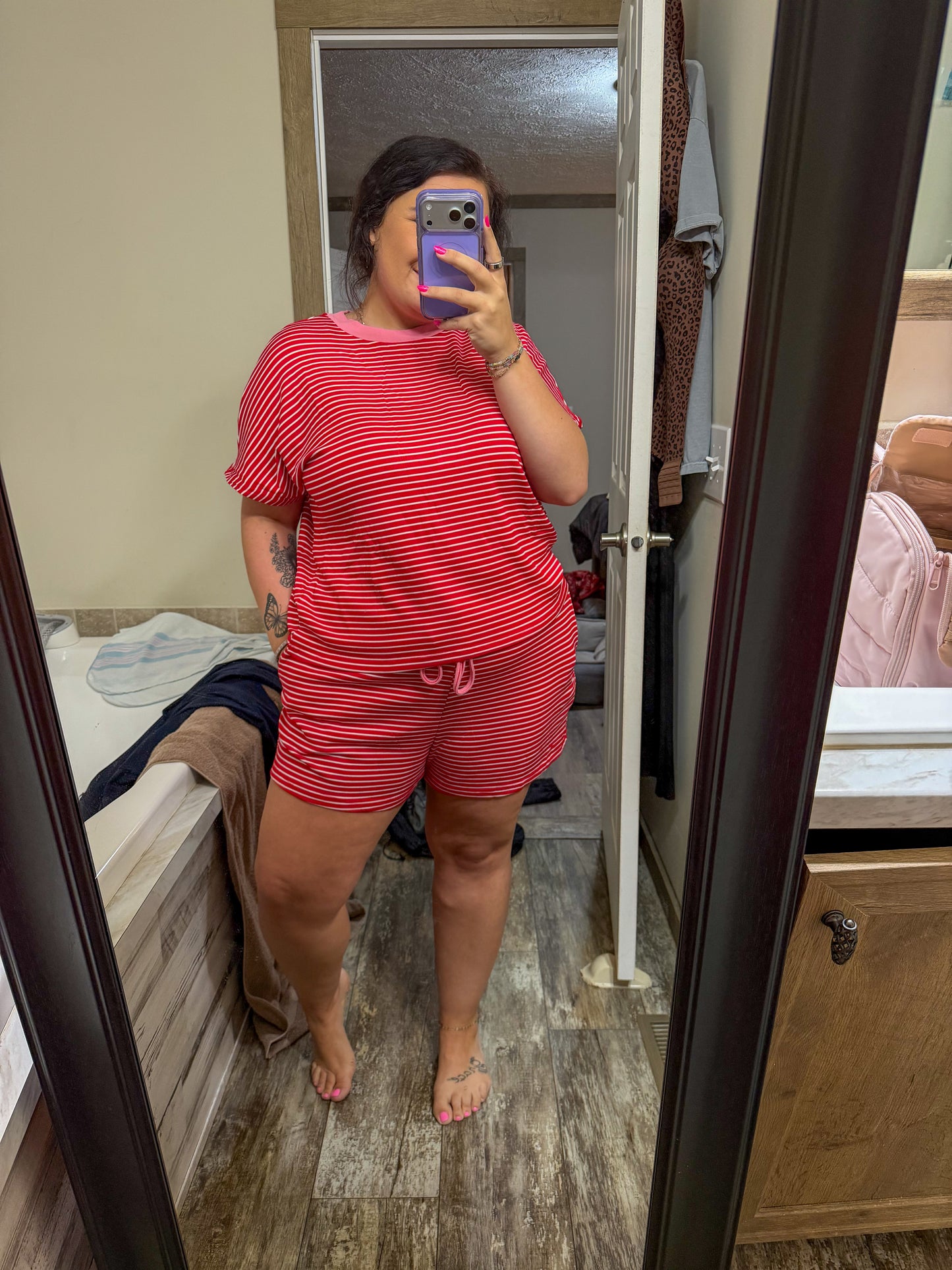 Relaxed Striped short set-red/pink