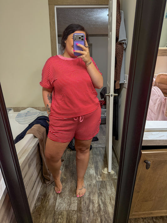 Relaxed Striped short set-red/pink