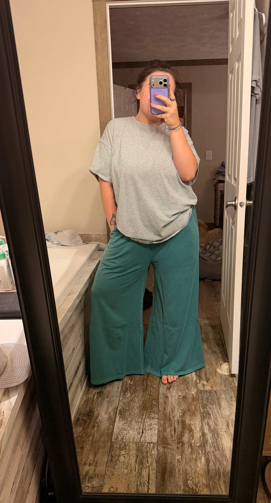 Wide Leg Terry Wash Pants-Teal