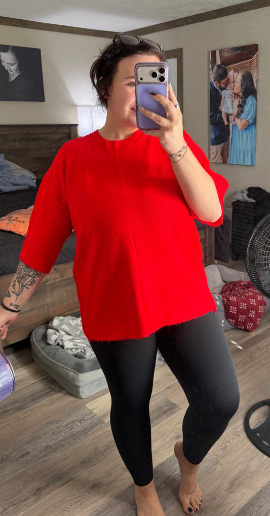 Short Sleeve Oversized Sweater-Red