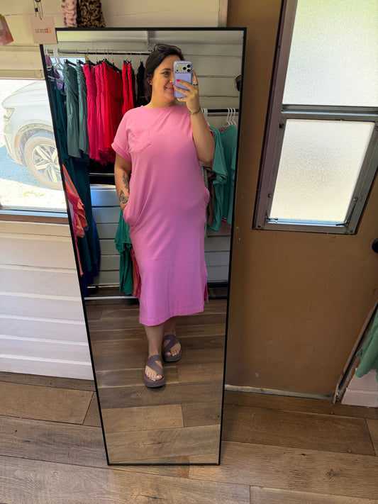 Midi Dress with Pockets-Candy Pink