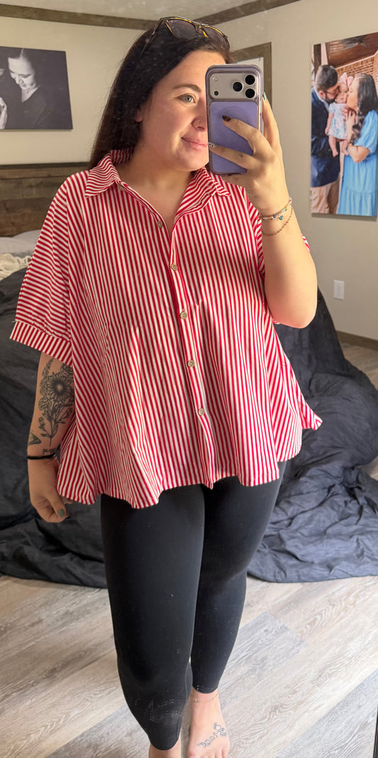 Oversized Striped Button Up- Ruby