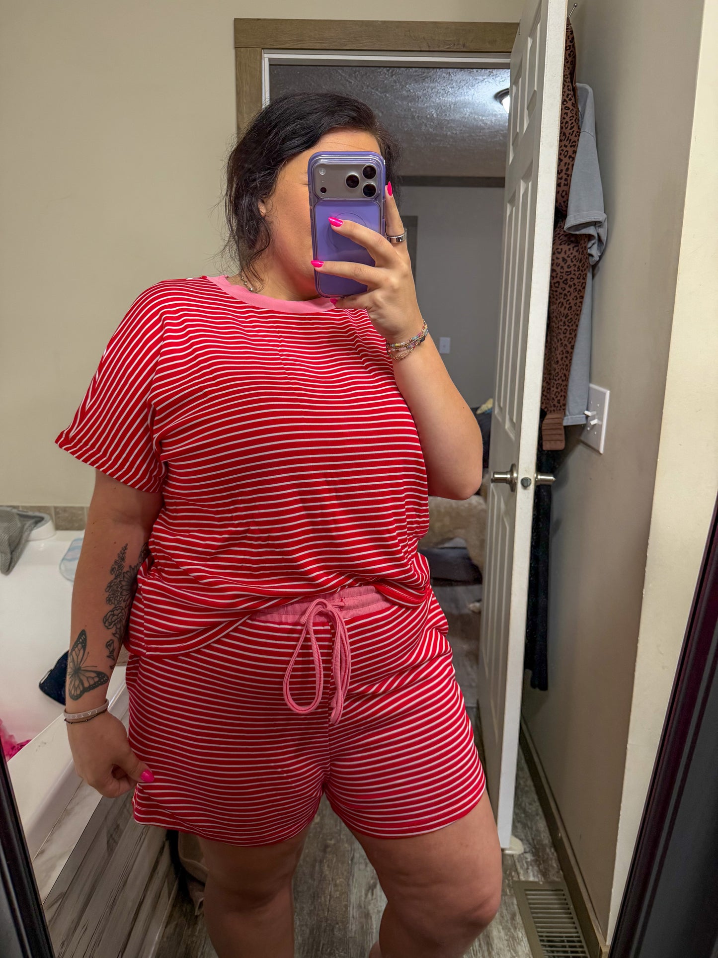 Relaxed Striped short set-red/pink