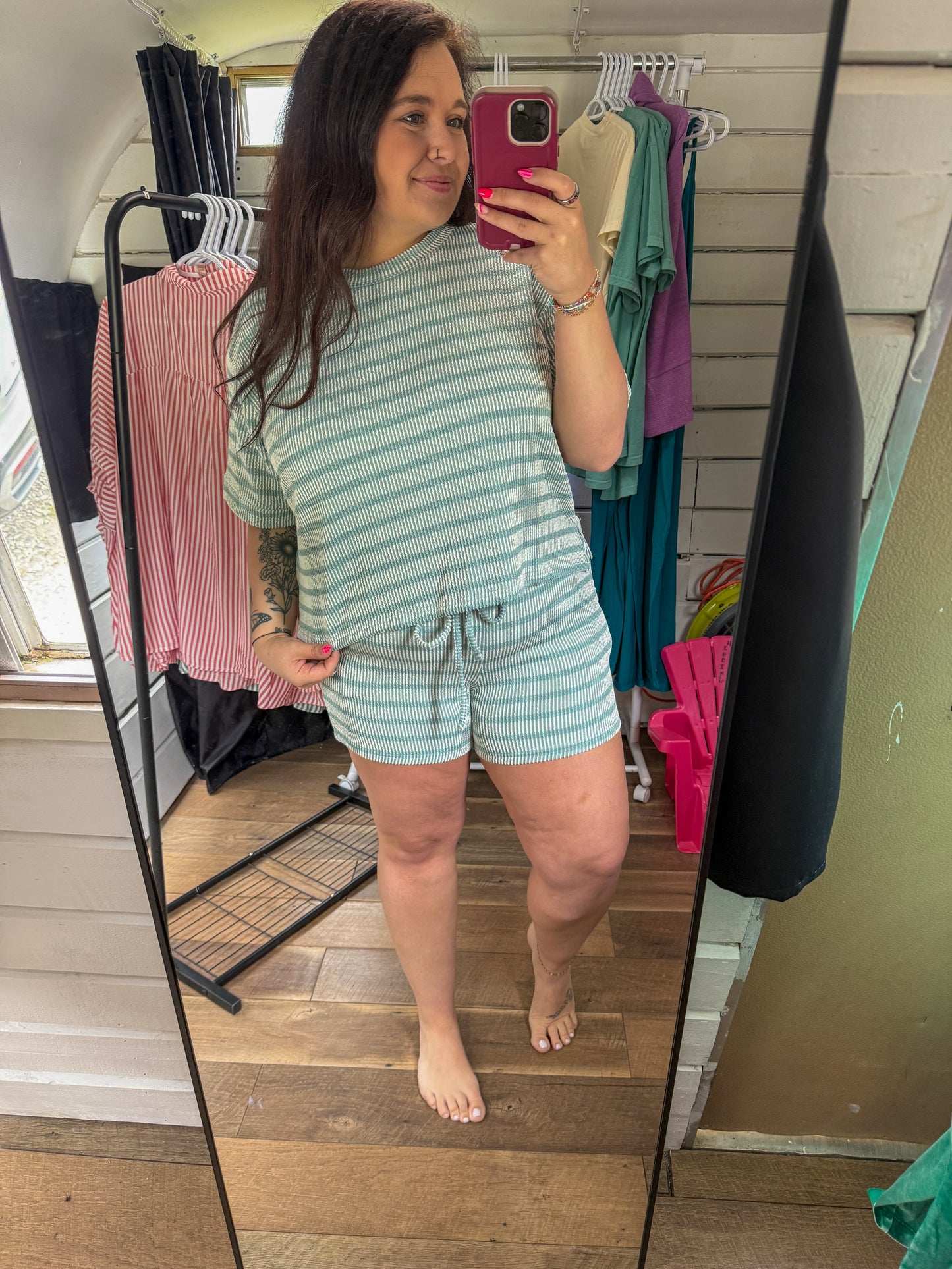 Ribbed Striped Set-Ash Jade
