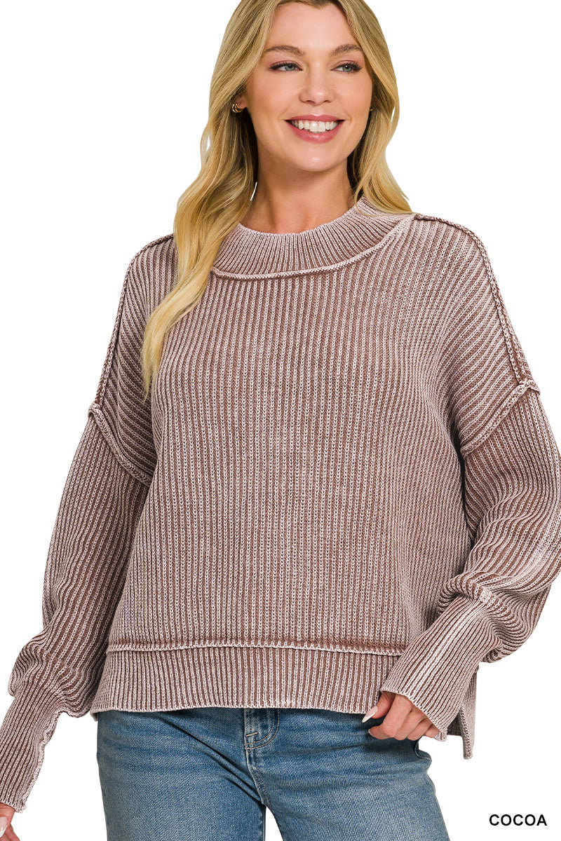 Washed Oversized Cropped Sweater-Cocoa